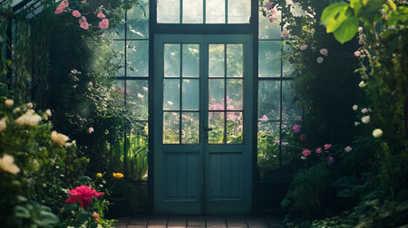 Beautiful garden with wooden door and flowers in the morning light.の写真素材