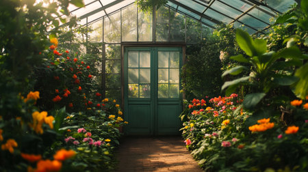Greenhouse with flowers in a botanical garden in Paris, Franceの素材