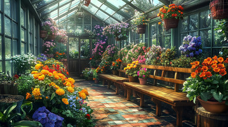 Interior of a greenhouse full of colorful flowers and wooden bench.の写真素材