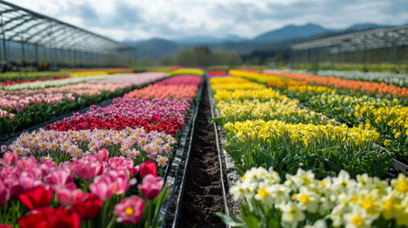 Colorful tulip fields in the Netherlands, Europe. Spring flowers.の写真素材