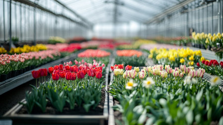 Colorful tulip flowers blooming in the greenhouse, stock photoの写真素材