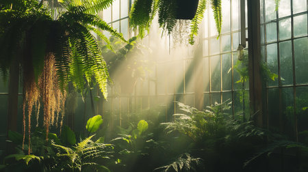 tropical rainforest with sunlight coming through the glass door, stock photoの写真素材