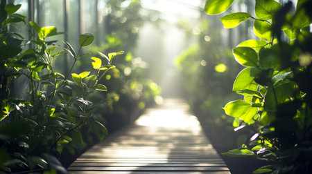 Wooden walkway in the garden with green plants in sunlight.の写真素材