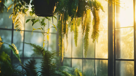 Beautiful ferns in pots on the windowsill at sunsetの写真素材