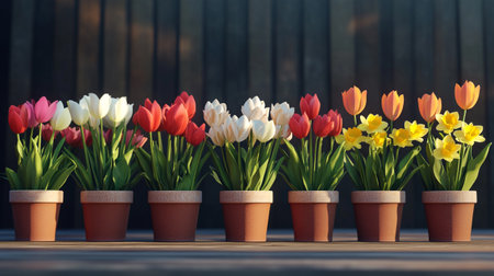 Tulips in flower pots on wooden background. 3d renderの写真素材
