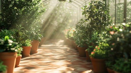Greenhouse interior with plants in pots and sunlight in the garden.の写真素材