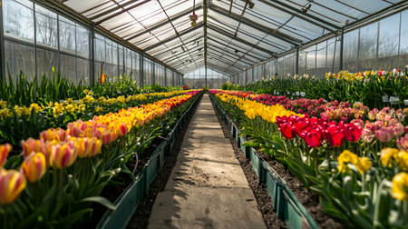 Colorful tulips in a greenhouse in spring, Holland, Netherlandsの写真素材