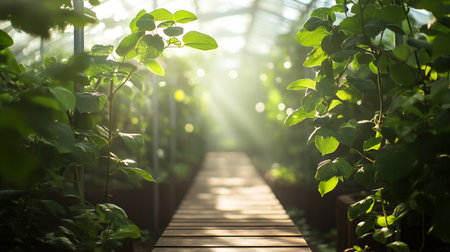 Wooden walkway in a greenhouse with green plants and sunlight.の写真素材