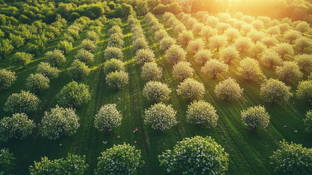 Aerial view of blooming apple orchard in springtime. Beautiful nature background.の写真素材