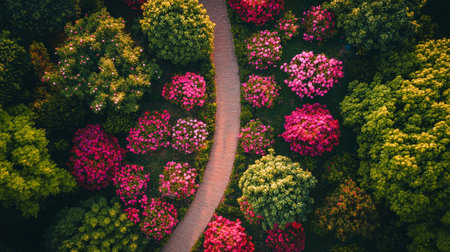 Aerial view of beautiful pink and green rhododendron gardenの写真素材