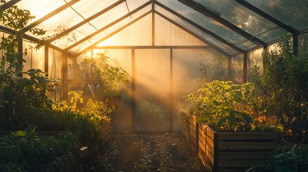 Sunset in a greenhouse with sunbeams and rays of lightの写真素材