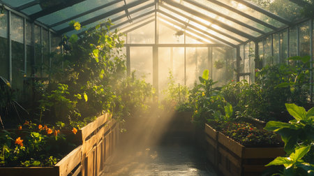 Sunset in a greenhouse with sunbeams shining through the glassの写真素材