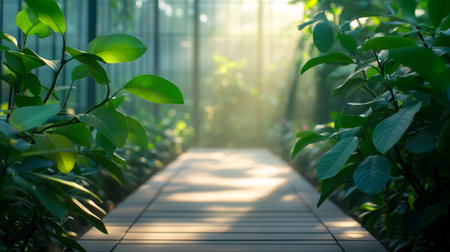Wooden pathway in the garden with green plants and sunlight. Nature backgroundの写真素材
