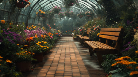 Flower garden with wooden bench in a row. Blurred backgroundの写真素材
