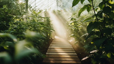 Wooden walkway in a greenhouse with green plants and sunlight.の写真素材
