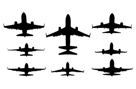 Airplane silhouettes vector illustration isolated on white background. Collection of air travel aircraft.のイラスト素材