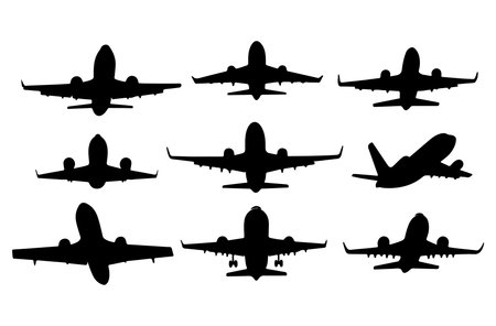 Set of silhouettes of aircraft. Vector illustration isolated on white background.のイラスト素材