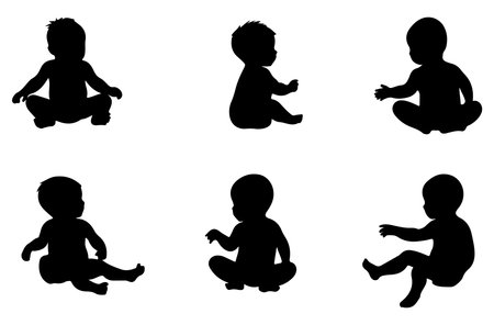 Set of silhouettes of a baby sitting on a white background.のイラスト素材