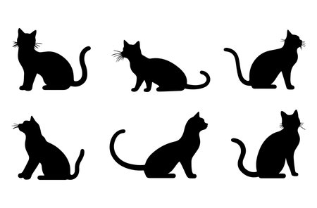 Set of black cats silhouettes isolated on white background. Vector illustration.のイラスト素材
