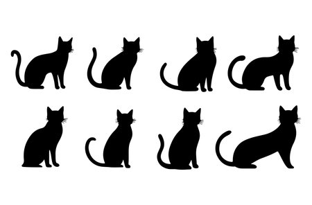 Set of black cat silhouettes isolated on white background. Vector illustration.のイラスト素材