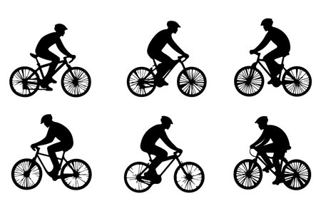 Cyclists silhouettes on white background, vector illustration. Cyclists in different poses.のイラスト素材