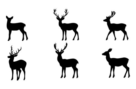 Set of silhouettes of deer isolated on white background. Vector illustration.のイラスト素材