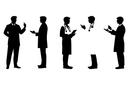 Silhouettes of doctors and nurses in different situations. Vector illustration.のイラスト素材