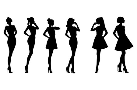 Set of silhouettes of women in evening dresses. Vector illustration.のイラスト素材