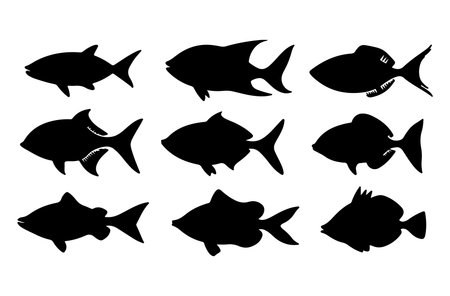 Set of black silhouettes of fish on a white background. Vector illustrationのイラスト素材