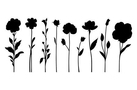 Black silhouettes of flowers on a white background. Vector illustration.のイラスト素材