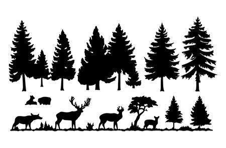 Deer silhouettes in forest. Vector illustration isolated on white background.のイラスト素材