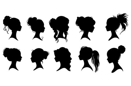 Silhouettes of girls with different hairstyles. Vector illustration.のイラスト素材