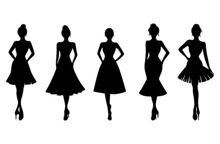 Set of silhouettes of girls in a dress on a white backgroundのイラスト素材