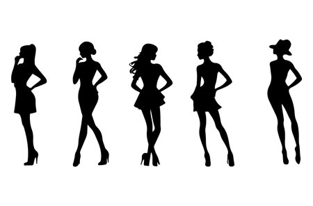 Silhouettes of young women on white background. Vector illustration.のイラスト素材
