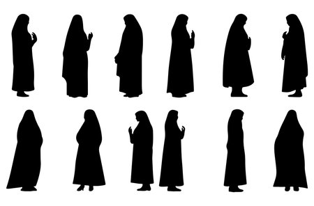 Silhouette of muslim women in different poses. Vector illustration.のイラスト素材