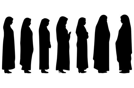 Silhouette of muslim women in different poses on white backgroundのイラスト素材