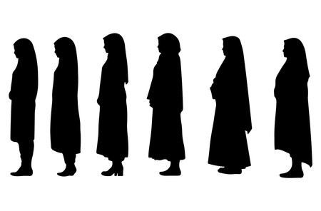 Silhouettes of Muslim women in traditional clothes. Vector illustration.のイラスト素材