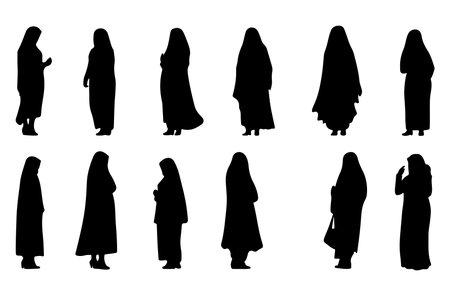 Silhouettes of Muslim women in niqab. Vector illustrationのイラスト素材