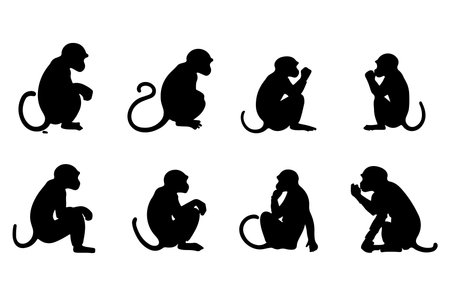 Monkey icons set. Black silhouettes of monkeys on white backgroundのイラスト素材