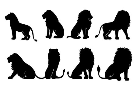 Lion, lioness, lioness, lioness, lioness, cheetah, panther. Set of silhouettes of animals. Vector illustrationのイラスト素材