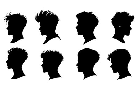 set of silhouettes of men with different hair styles on a white backgroundのイラスト素材