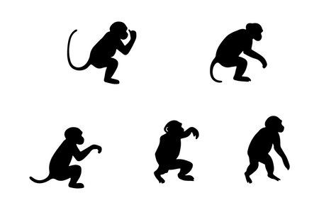 Monkey icons set. Black silhouettes of monkeys on white backgroundのイラスト素材