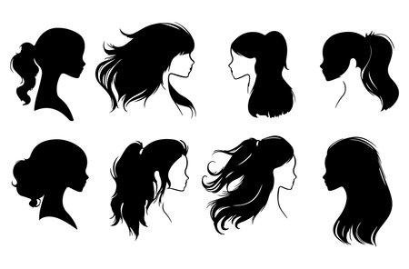 vector set of silhouettes of women's hairstyles on a white backgroundのイラスト素材