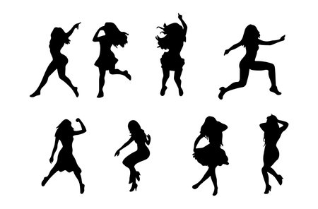 Silhouettes of dancing women on a white background. Vector illustrationのイラスト素材