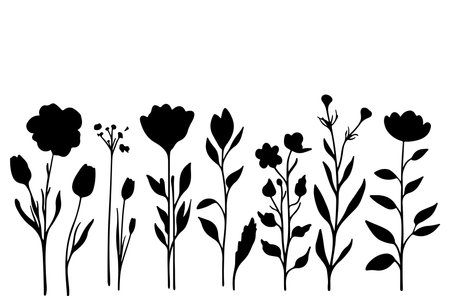 Vector set of floral silhouettes isolated on white background. Hand drawn illustration.のイラスト素材