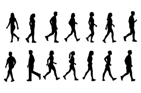 Silhouettes of people walking on white background. Vector illustration.のイラスト素材