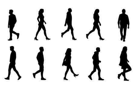 Silhouettes of people walking in different poses. Vector illustration.のイラスト素材