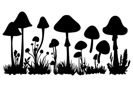 Black silhouettes of mushrooms on a white background. Vector illustration.のイラスト素材