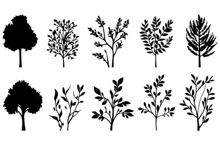 Set of silhouettes of trees and plants on a white background.のイラスト素材