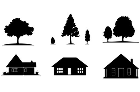 Set of silhouettes of houses and trees on a white background.のイラスト素材
